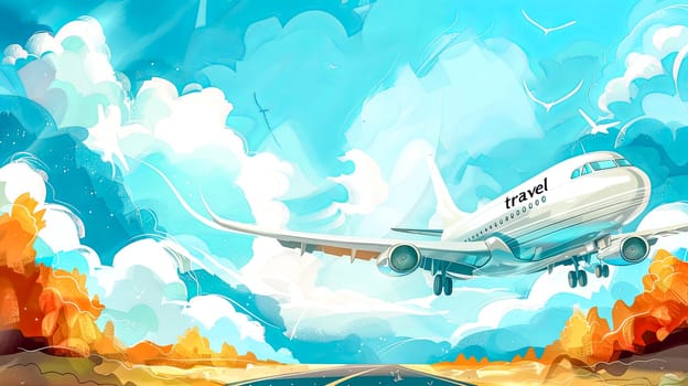 A vibrant illustration of a plane flying over scenic landscapes under a blue sky