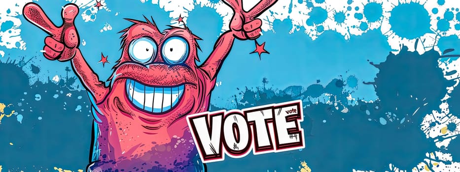 Colorful, enthusiastic cartoon monster holding up vote sign with dynamic splatter background