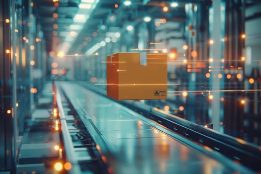 A futuristic scene with boxes moving along a conveyor belt. The boxes are all different sizes and colors, and they appear to be moving at a fast pace. The scene gives off a sense of efficiency
