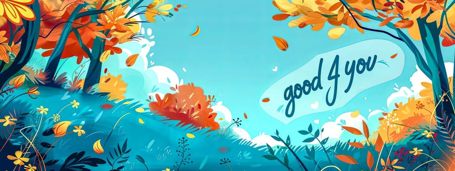 Vibrant illustration of fall foliage and a 'good for you' sign