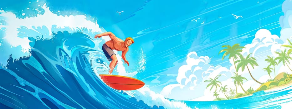 Animated illustration of a muscular surfer on a red board, conquering a large blue wave with tropical palms in the background
