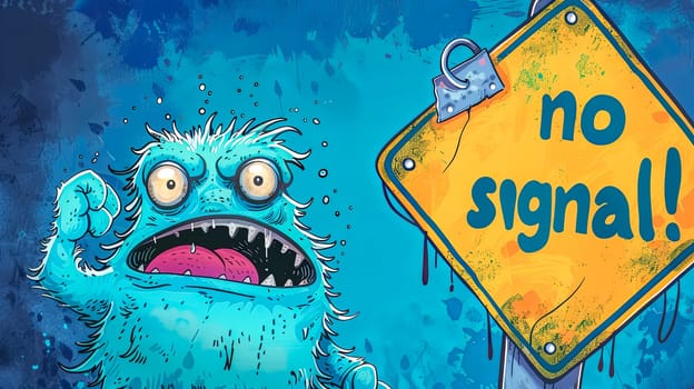 Quirky illustration of an anxious blue monster near a 'no signal' warning sign on a grunge background