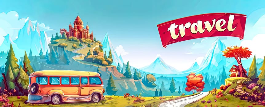 Embark on an enchanted adventure travel banner featuring a whimsical vintage bus and colorful illustration of a fantasy landscape with a vibrant panoramic view