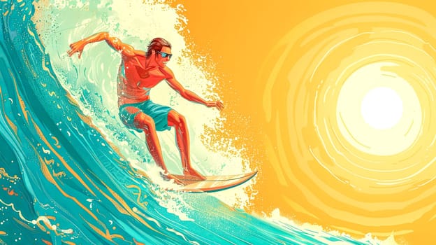 Digital artwork capturing a male surfer carving through a massive turquoise wave under a bright sun