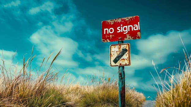 Old, weathered 'no signal' sign with rust and sky backdrop