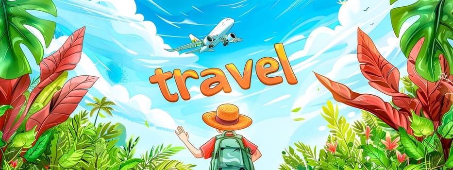 Vibrant illustration of a traveler with a backpack entering a lush jungle under a flying airplane and travel text