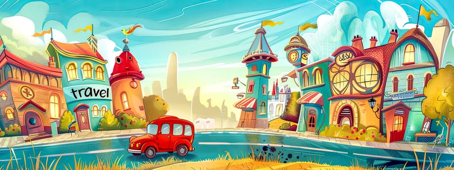 Colorful, vibrant cartoon landscape of a quaint town with a red car on a journey