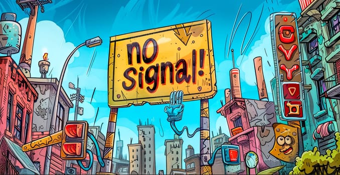 Vibrant cartoon illustration of a cityscape with a no signal billboard, adding a whimsical touch