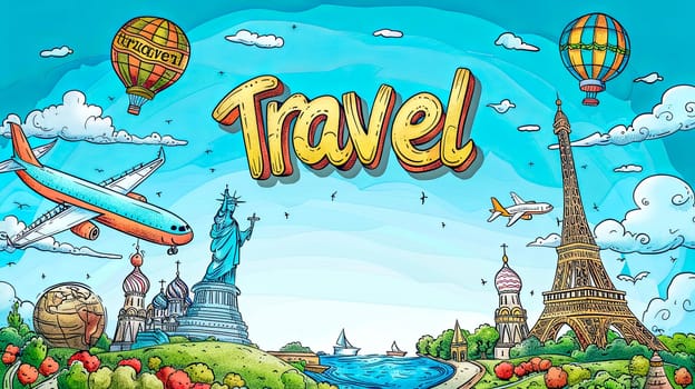 Vibrant cartoon drawing featuring famous landmarks, hot air balloons, and an airplane with the word 'travel.'