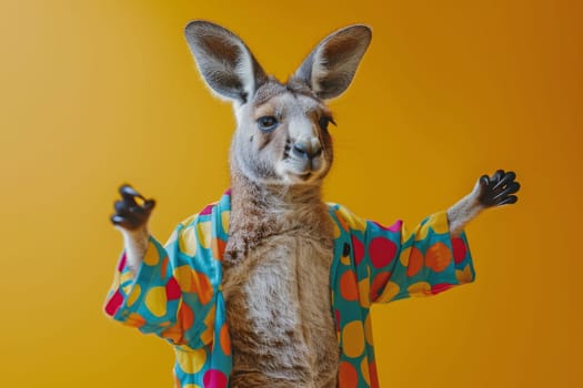 A kangaroo wearing sunglasses and a Hawaiian shirt is standing on a beach. The scene is playful and lighthearted, with the kangaroo looking like it's having a good time