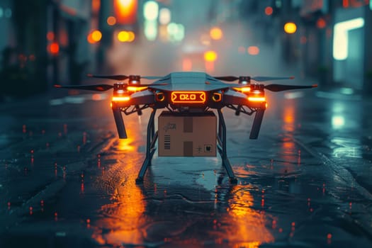 A drone is flying over a city with a box on it. Futuristic Logistic concept.