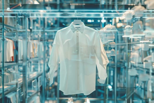 A white shirt hanging in a store window. The shirt is hanging from a rack and is displayed in a glass case