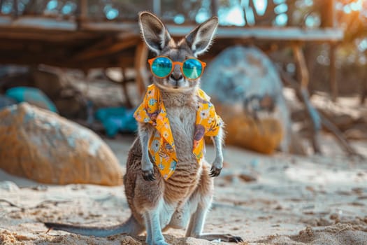 A kangaroo wearing sunglasses and a Hawaiian shirt is standing on a beach. The scene is playful and lighthearted, with the kangaroo looking like it's having a good time