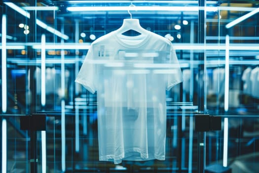 A white shirt hanging in a store window. The shirt is hanging from a rack and is displayed in a glass case