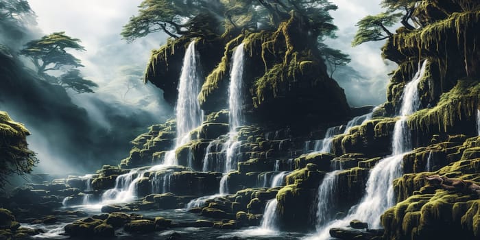 Scene Setting. Majestic waterfall cascading down a rocky cliff, surrounded by lush greenery.