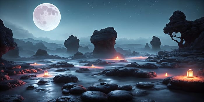 Lunar Dreamscape. Dreamy depiction of a moonlit landscape on a desolate alien world, rendered with glowing phosphorescent flora and eerie rock formations under a sky filled with crescent moons and distant planetary bodies.