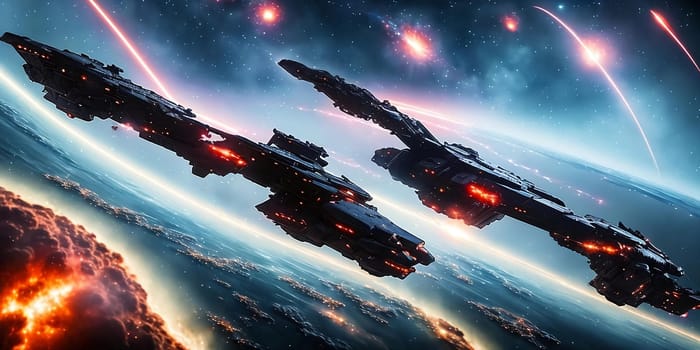 Cosmic Conquest. Dramatic battle scene between rival fleets of advanced spacecraft engaged in a fierce conflict amid a backdrop of exploding stars and cascading asteroids.
