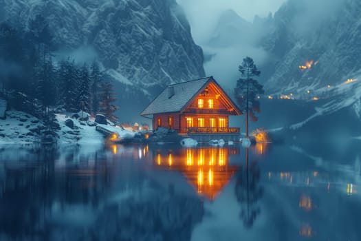 A small house is on a rocky hillside with a lake in the background. The house is surrounded by rocks and the landscape is mostly barren