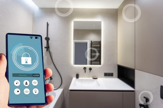 All the house in a phone. Close up of young woman user hands controlling electronic objects in modern luxury studio apartment via smart home interface on cell screen. Internet of things ios technology.