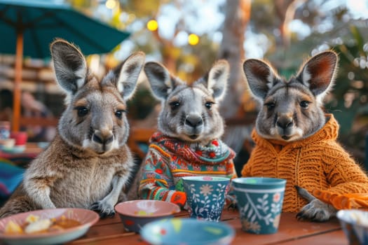 Three kangaroos are sitting at a table with cups and bowls in front of them. They are wearing sweaters and seem to be enjoying a meal together