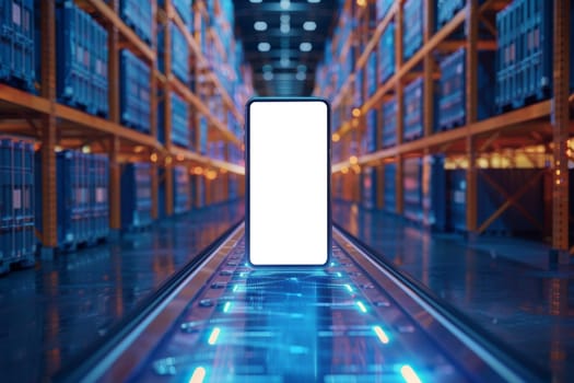 A cell phone is displayed in a warehouse with a blue screen. The image conveys a futuristic and technological atmosphere