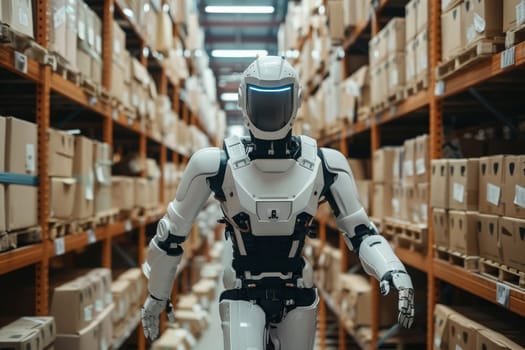 A robot is walking through a warehouse. The robot is white and has a helmet on. The warehouse is filled with boxes and shelves