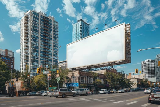 The billboard is white and is surrounded by tall buildings. The street is filled with cars and trucks. The scene is bustling and lively