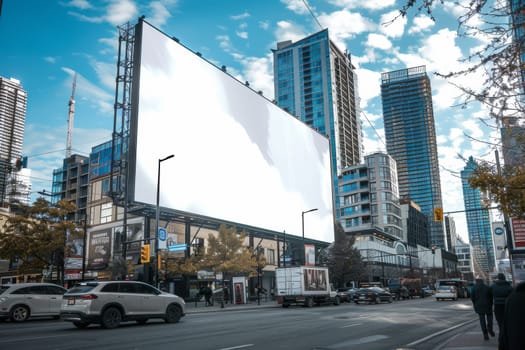 The billboard is white and is surrounded by tall buildings. The street is filled with cars and trucks. The scene is bustling and lively