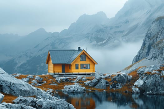 A small house is on a rocky hillside with a lake in the background. The house is surrounded by rocks and the landscape is mostly barren