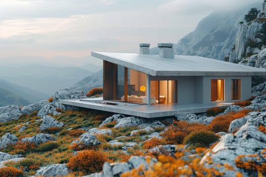 A small house is on a rocky hillside with a lake in the background. The house is surrounded by rocks and the landscape is mostly barren