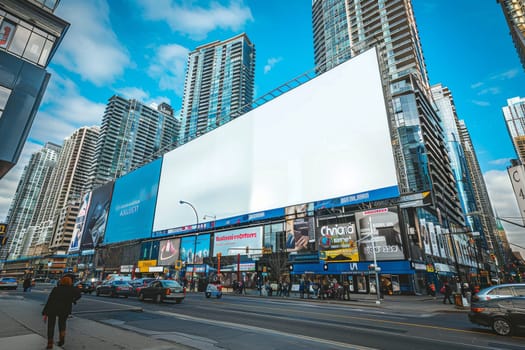 The billboard is white and is surrounded by tall buildings. The street is filled with cars and trucks. The scene is bustling and lively