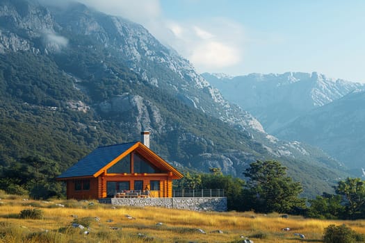 A small house is on a rocky hillside with a lake in the background. The house is surrounded by rocks and the landscape is mostly barren