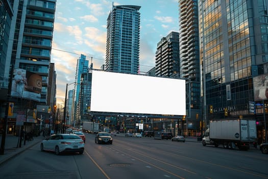 The billboard is white and is surrounded by tall buildings. The street is filled with cars and trucks. The scene is bustling and lively