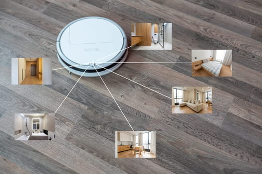 smart home application on robot vacuum cleaning floor in background in the modern living room