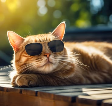 Close-up portrait of a cat wearing sunglasses on holiday at a seaside resort on a sunny day
