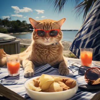 Close-up portrait of a cat wearing sunglasses on holiday at a seaside resort on a sunny day