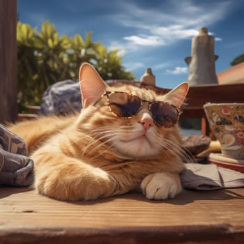 Close-up portrait of a cat wearing sunglasses on holiday at a seaside resort on a sunny day