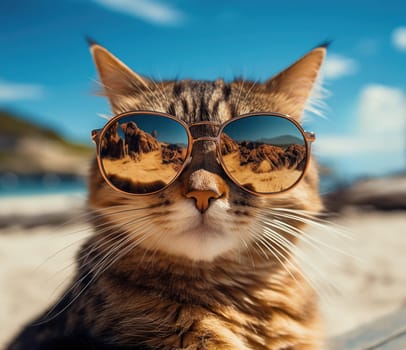 Close-up portrait of a cat wearing sunglasses on holiday at a seaside resort on a sunny day