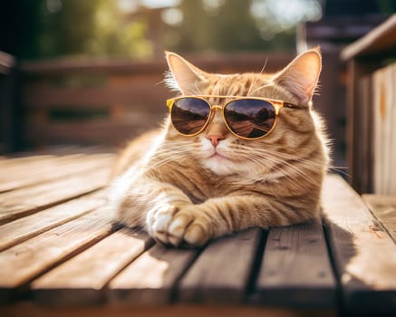 Close-up portrait of a cat wearing sunglasses on holiday at a seaside resort on a sunny day