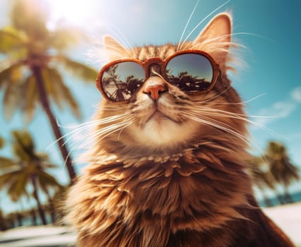 Close-up portrait of a cat wearing sunglasses on holiday at a seaside resort on a sunny day