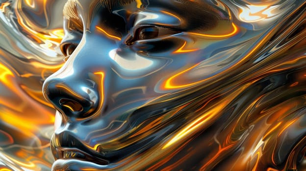A close up of a face with gold and silver swirls