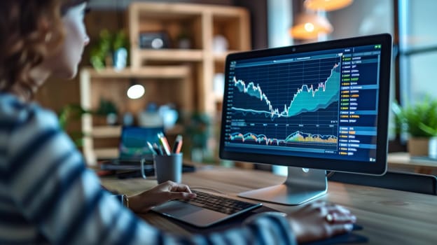 A woman sitting at a desk with her computer displaying stock market information