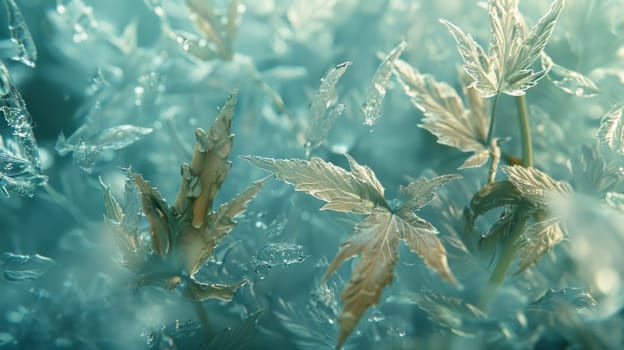 A close up of a bunch of leaves that are covered in water