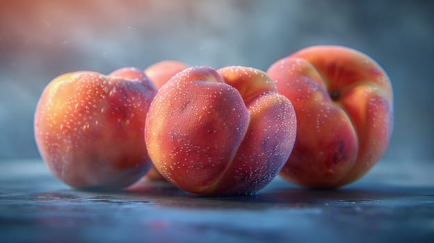 A group of peaches are sitting on a table with water droplets