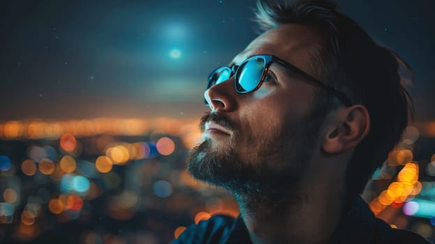 A man with glasses looking up at the city lights