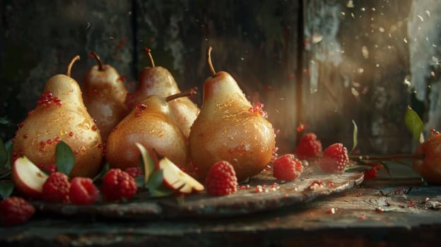 A bunch of pears and raspberries on a plate with water