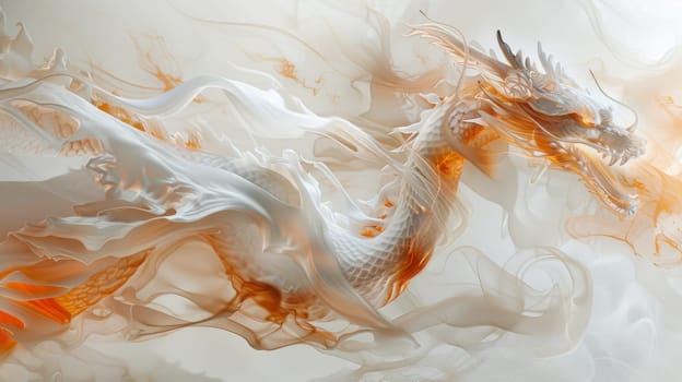 A close up of a white dragon with orange flames