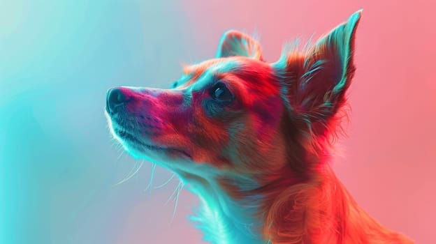 A dog with a colorful background looking up at the sky