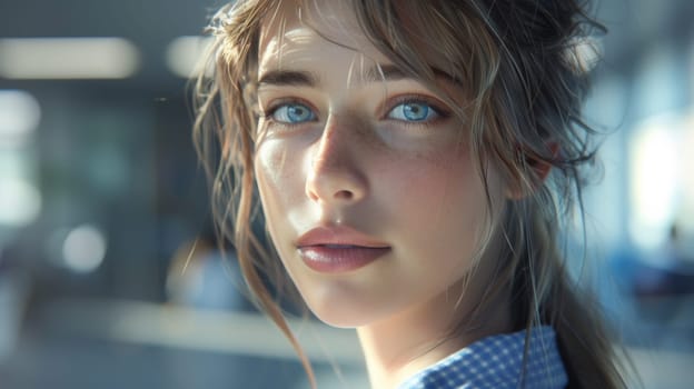 A close up of a woman with long hair and blue eyes