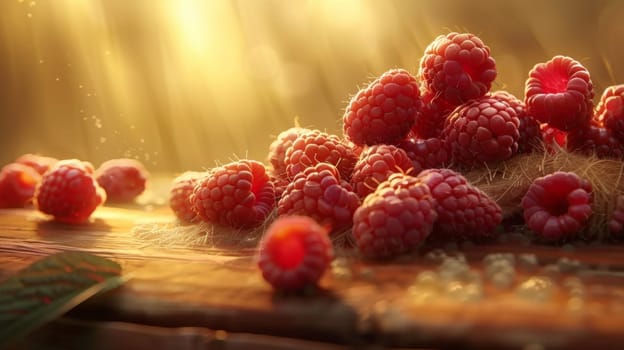 A pile of raspberries on a wooden table with sunlight shining through